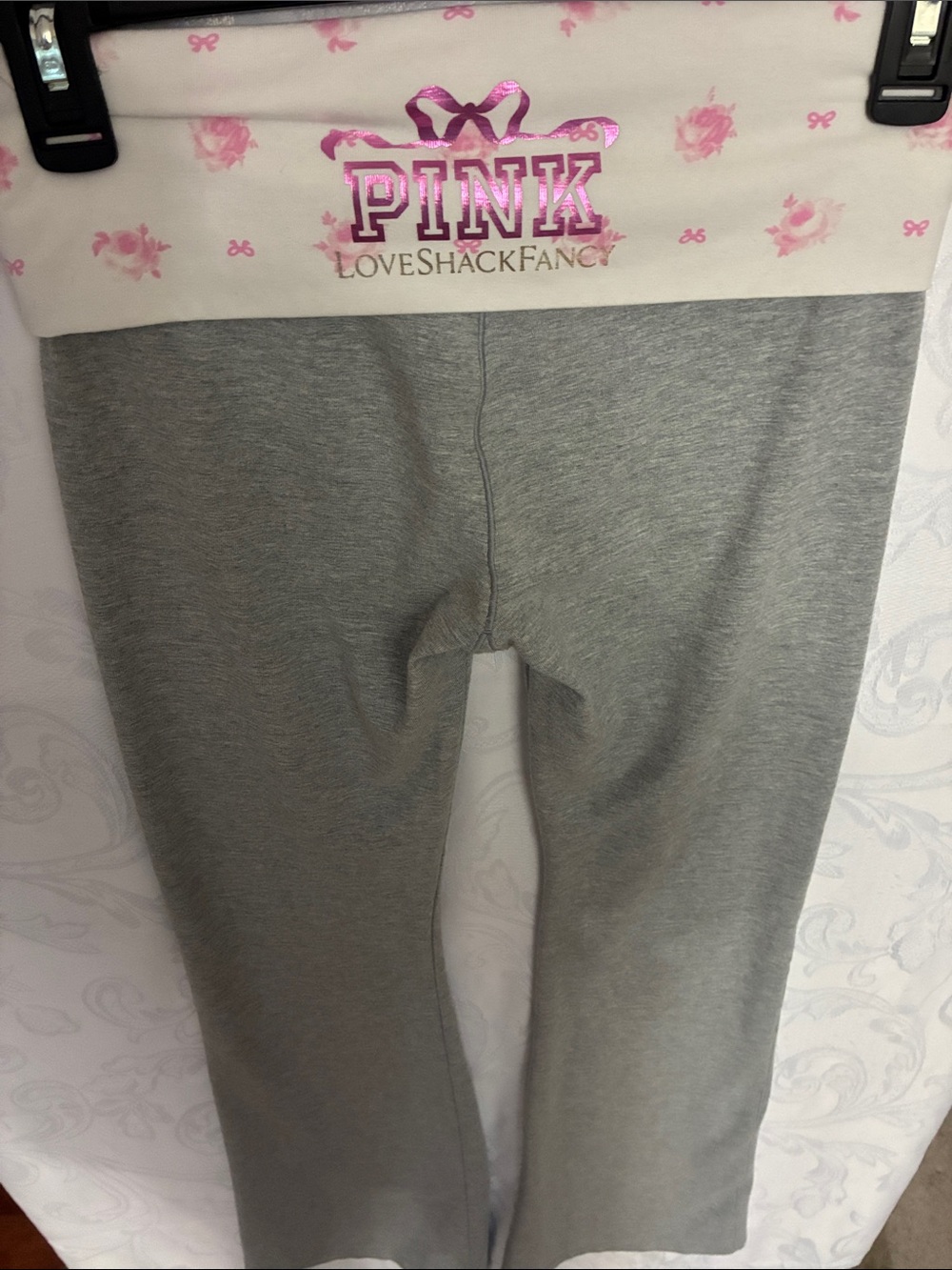 PINK Victoria's Secret Women’s  Gray Leggings with Pink Floral Fold-Over Waist